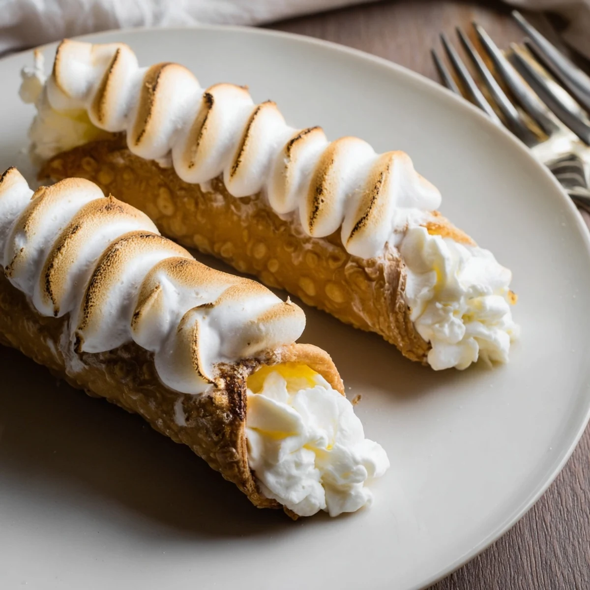 Golden toasted meringue tops crispy lemon meringue cannoli filled with zesty cream