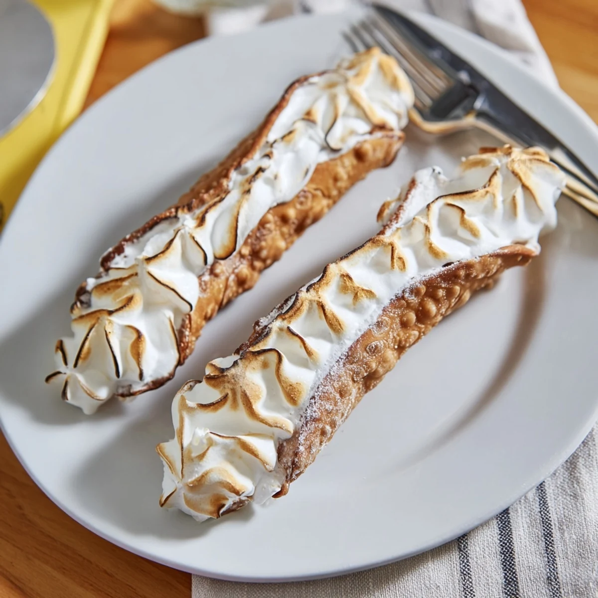 Crispy cannoli shells stuffed with tangy lemon cream and fluffy torched meringue
