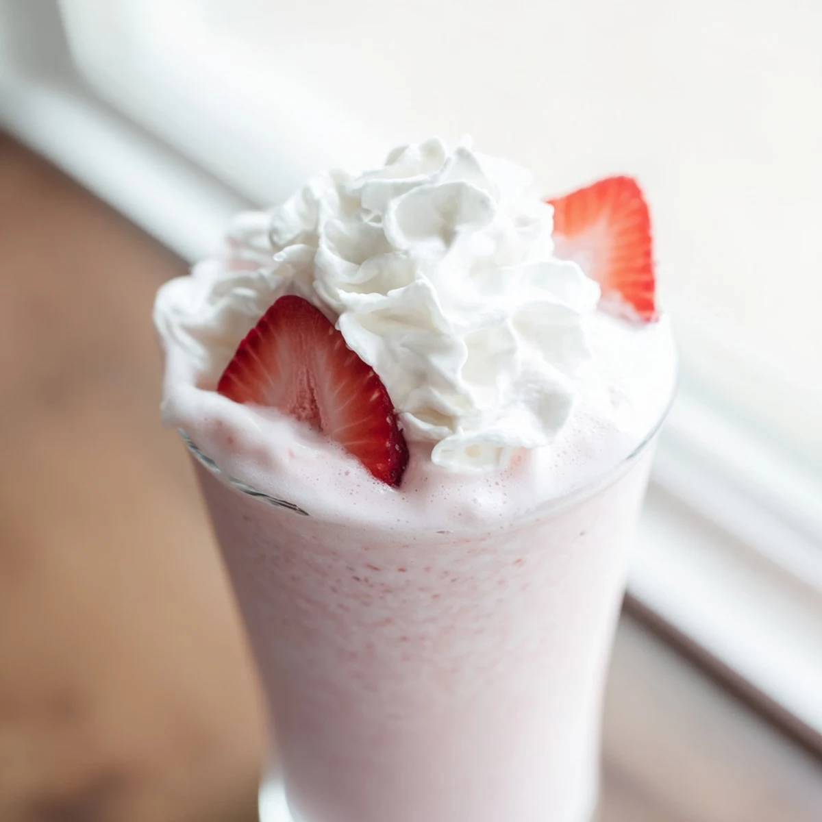 Creamy frozen strawberry Frappuccino drink with milk and vanilla served in tall glass with strawberry garnish