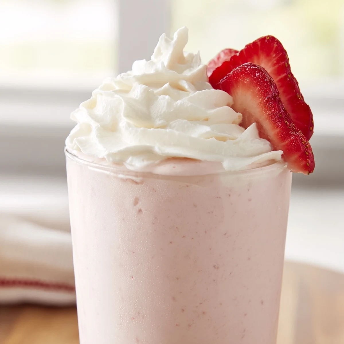 Pink blended strawberry cream Frappuccino poured into a clear glass with ice crystals and garnish