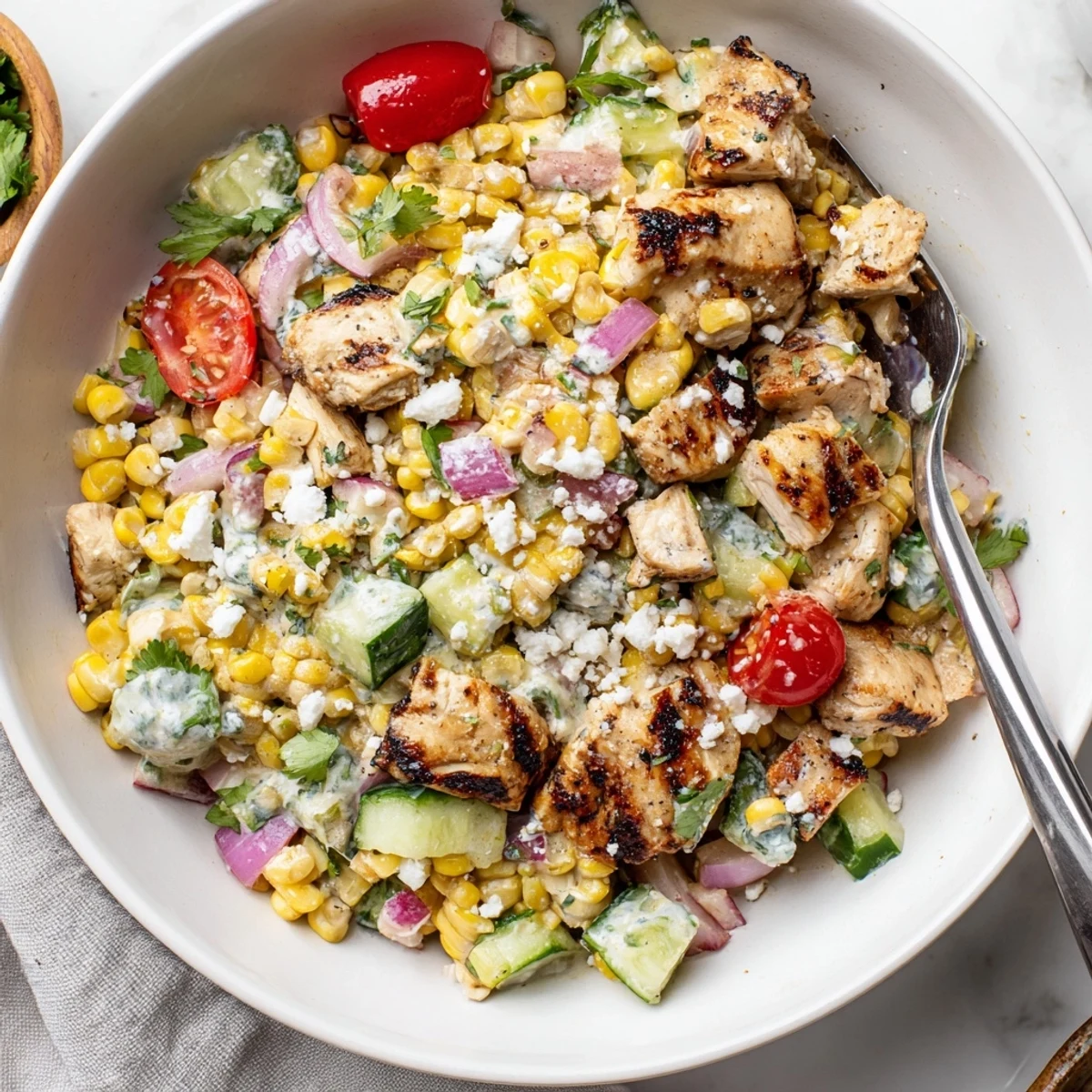Golden corn and diced chicken in creamy street corn salad with crisp cucumbers