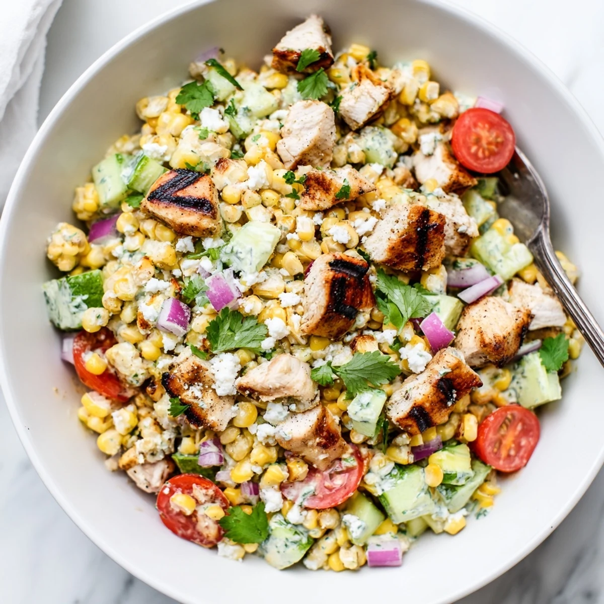 Vibrant Tex-Mex chicken salad featuring sweet corn cucumbers and creamy spicy cotija topping