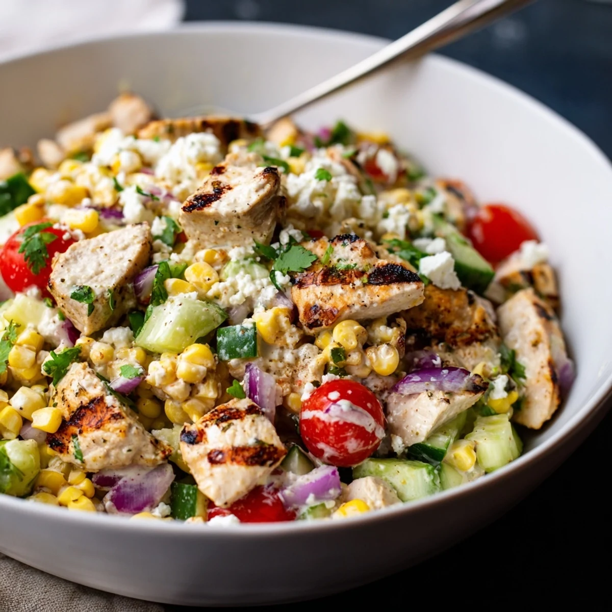 Charred corn and grilled chicken salad tossed in tangy lime dressing with fresh vegetables