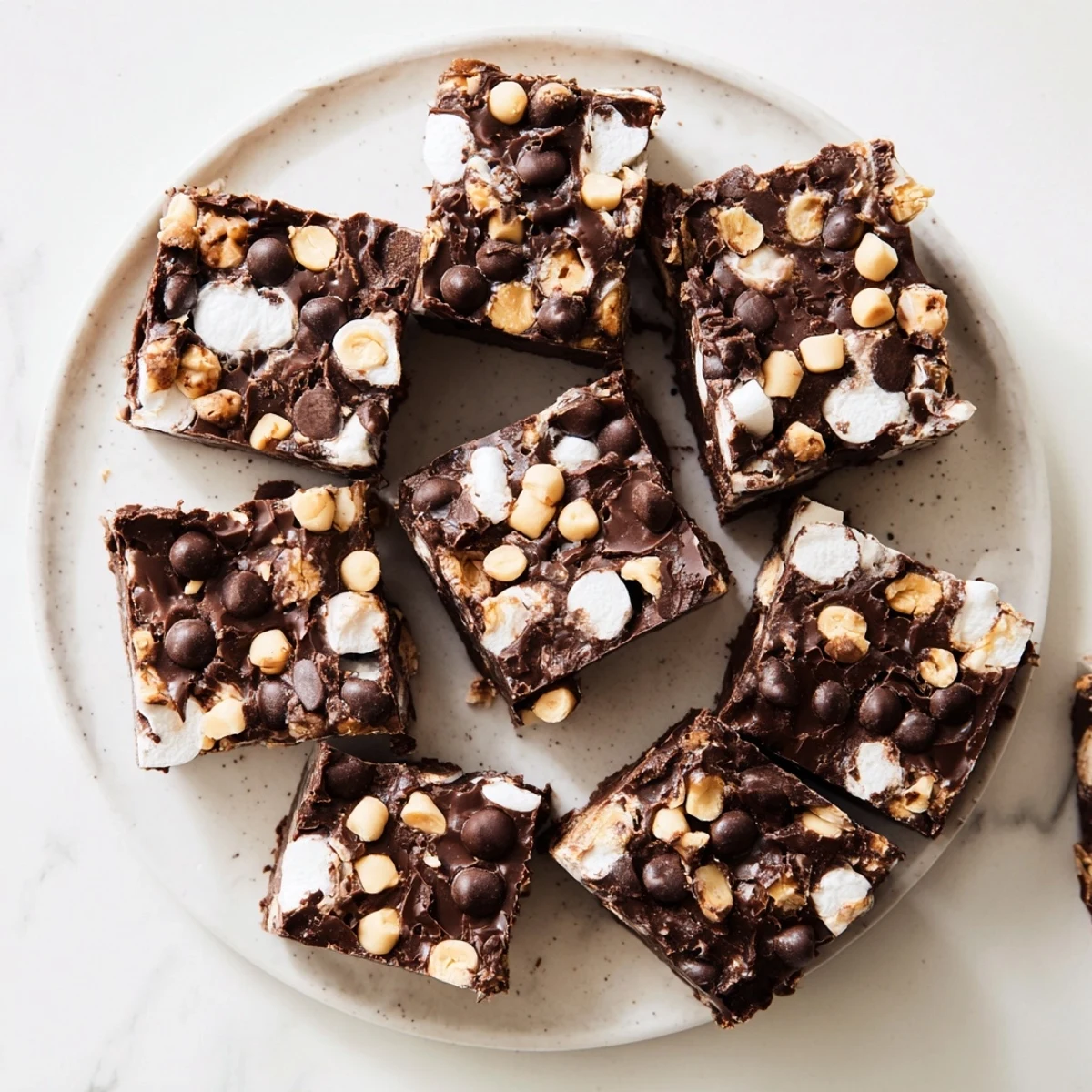 Homemade easy rocky road fudge topped with mini marshmallows and chopped roasted peanuts on a white serving plate