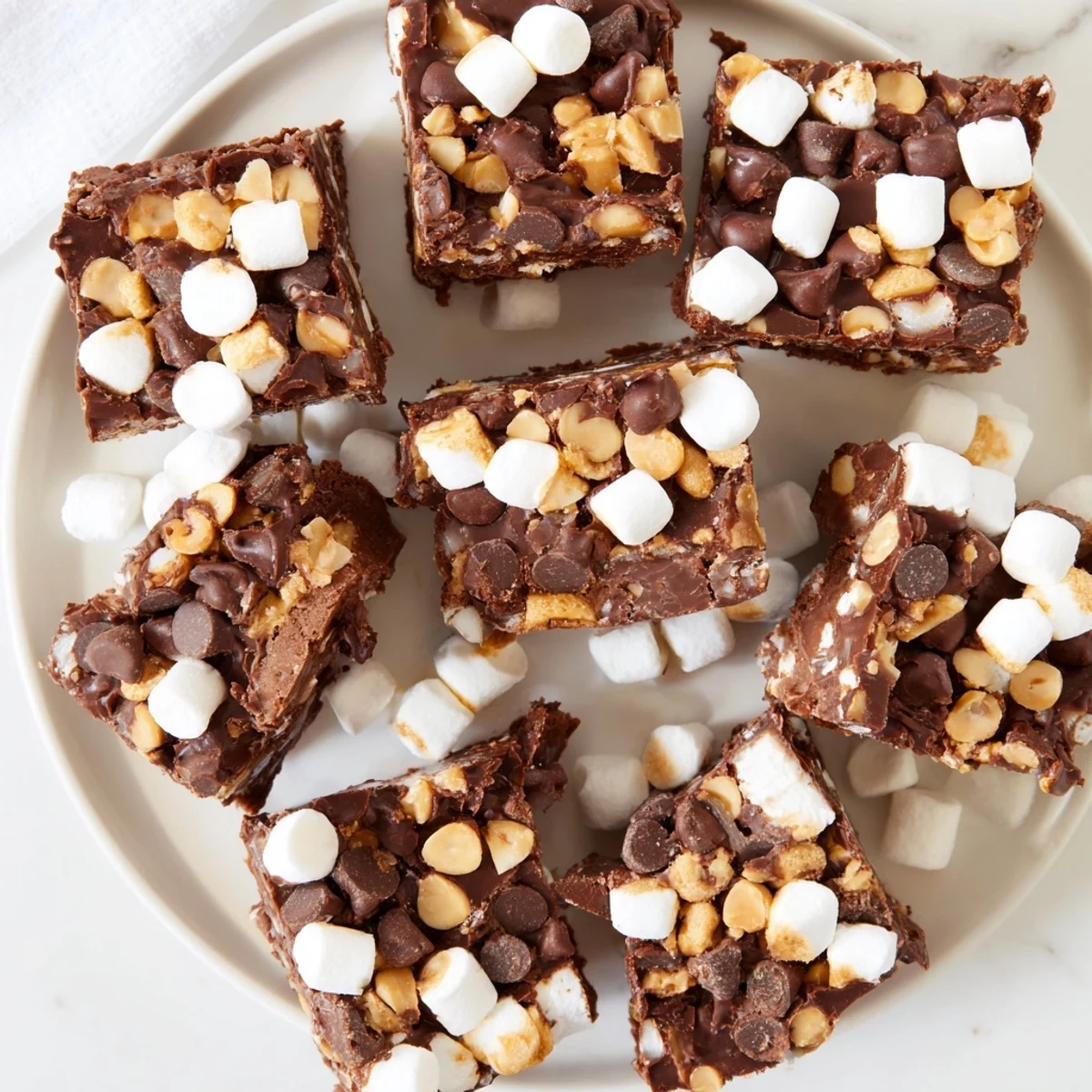 Creamy chocolate easy rocky road fudge squares studded with fluffy marshmallows and crunchy nuts, ready for holiday dessert trays