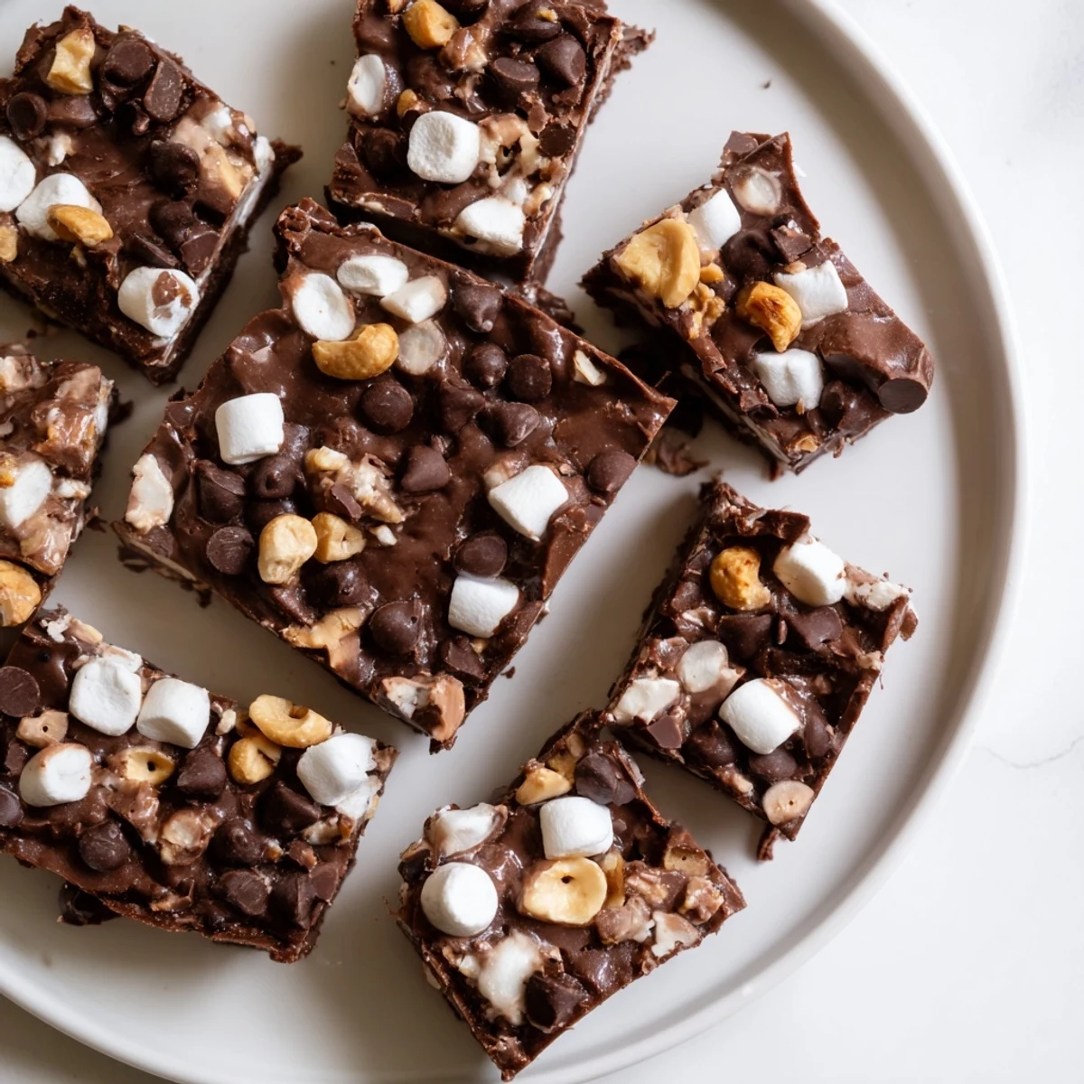 Rich easy rocky road fudge with melted chocolate swirled with marshmallows and peanuts, cut into bite-sized pieces on a wooden cutting board