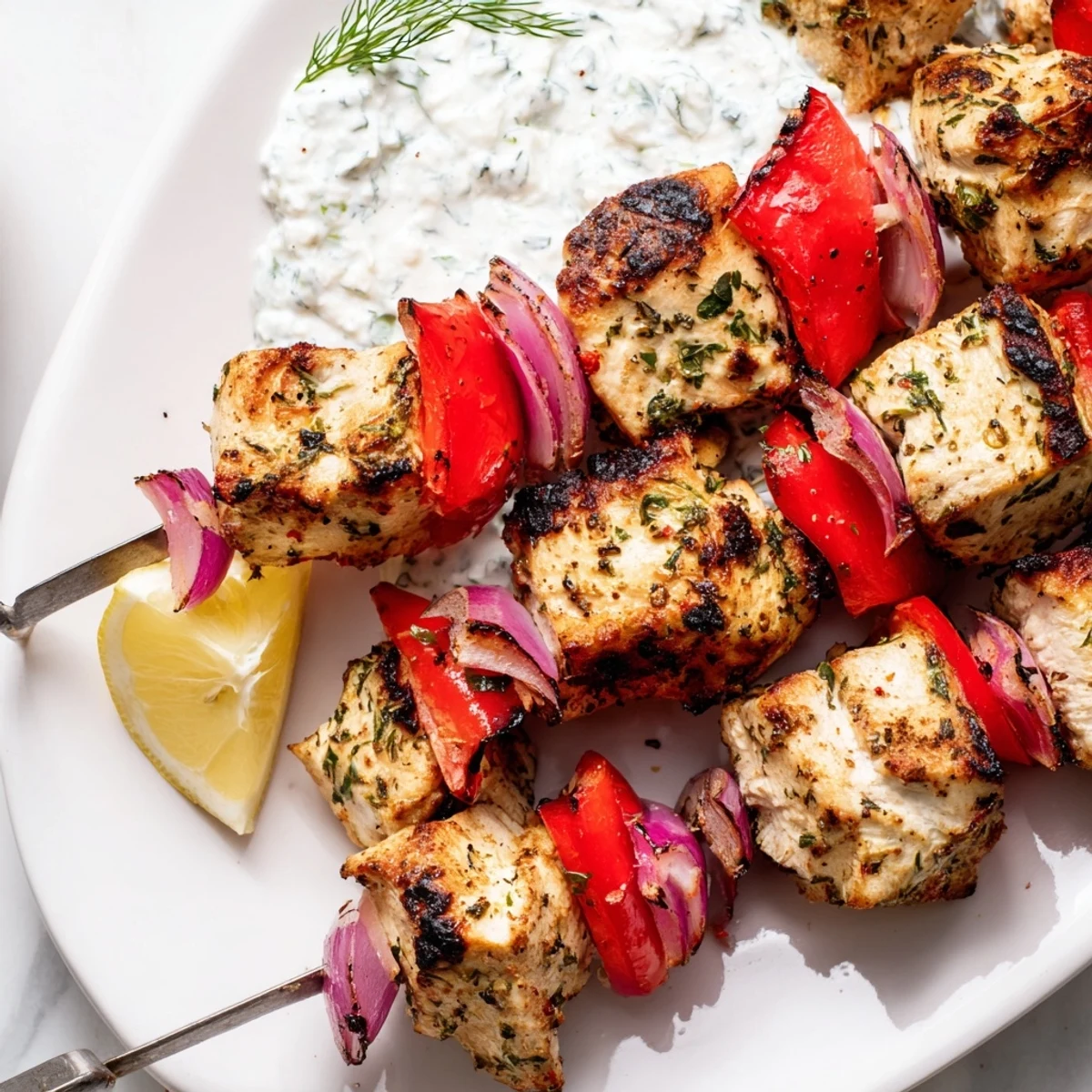 Golden Greek lemon chicken skewers grilled to perfection with char marks and vibrant vegetables