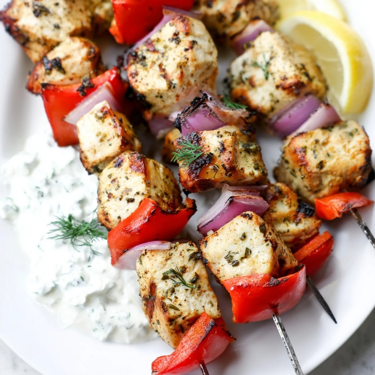 Juicy chicken marinated in lemon herbs threaded on skewers beside creamy white tzatziki sauce