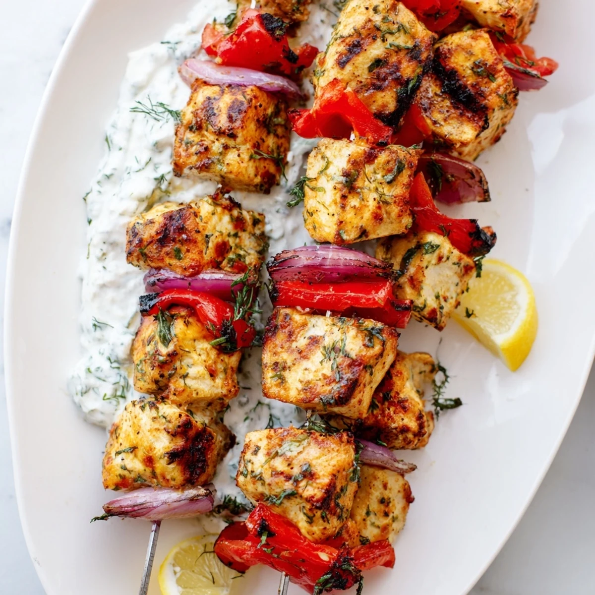 Platter of grilled Greek lemon chicken skewers garnished with fresh lemon wedges and herbs