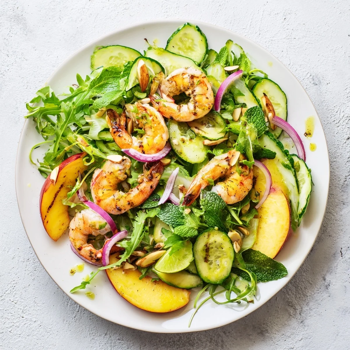 Summer salad featuring succulent pink shrimp alongside sliced juicy nectarines, crisp cucumber, avocado, and zesty citrus vinaigrette.