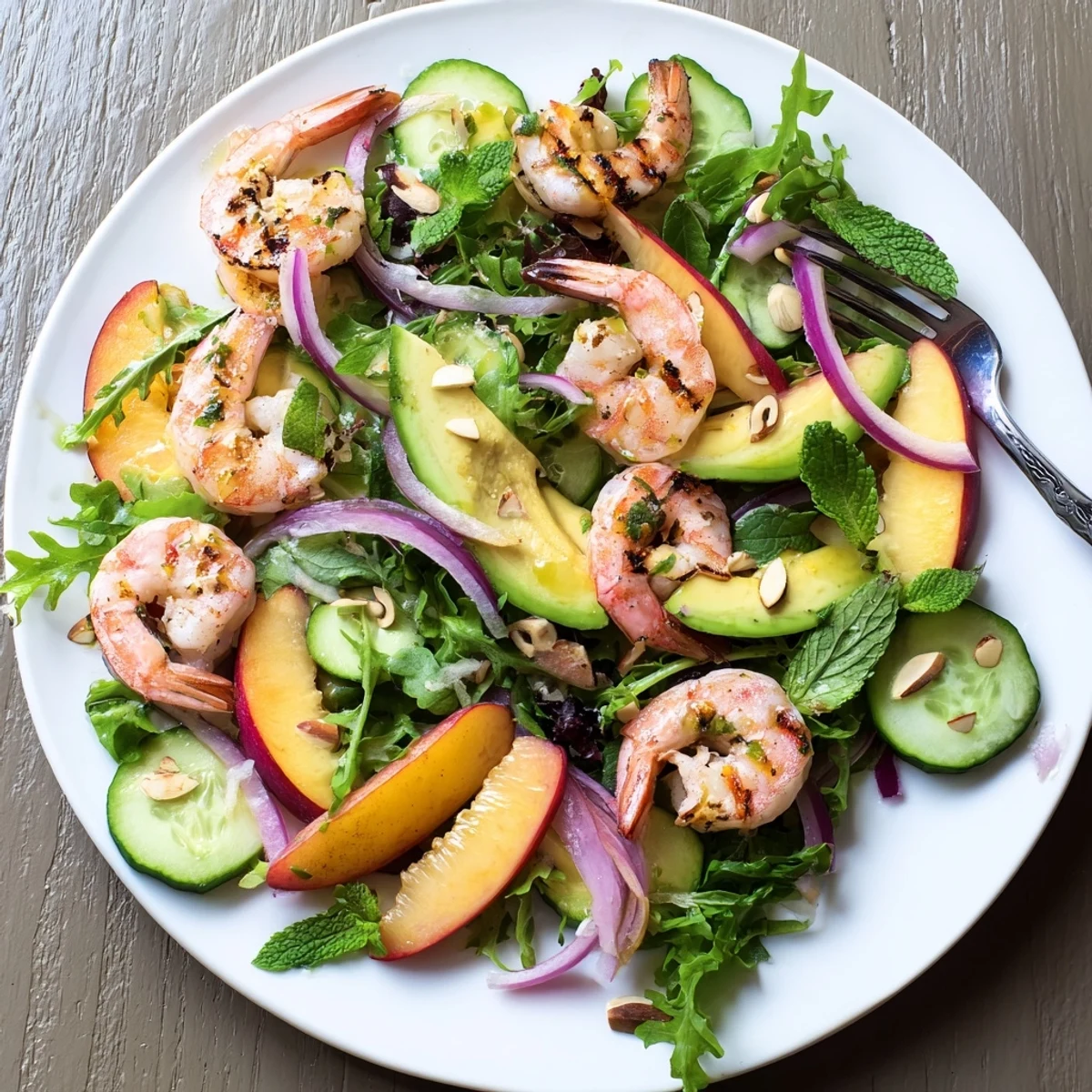 Golden pan-seared shrimp and ripe nectarine salad tossed with fresh mixed greens and tangy lime honey dressing.