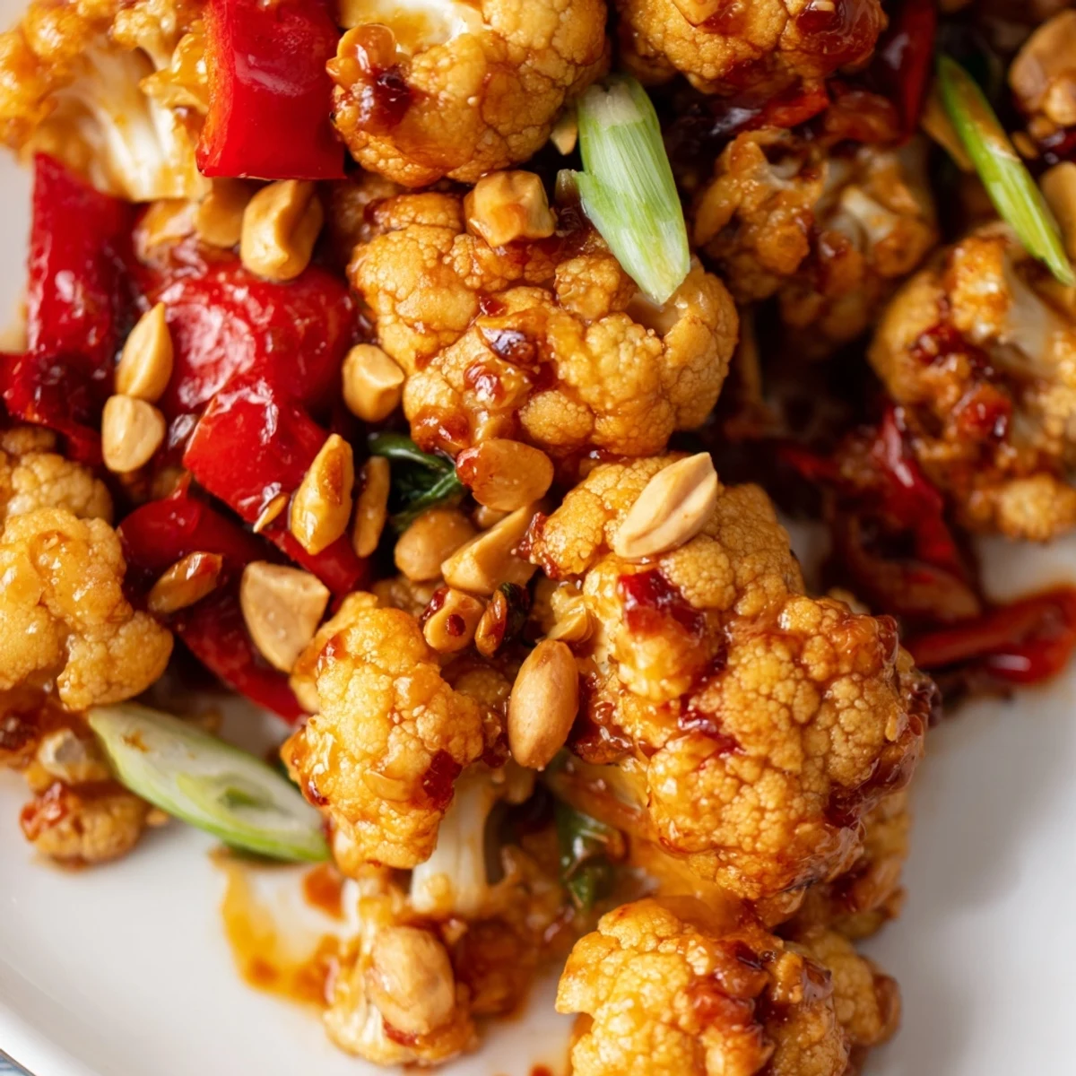 Crispy baked cauliflower tossed in tangy Sichuan sauce with crunchy peanuts and fresh green onions in a dark serving bowl