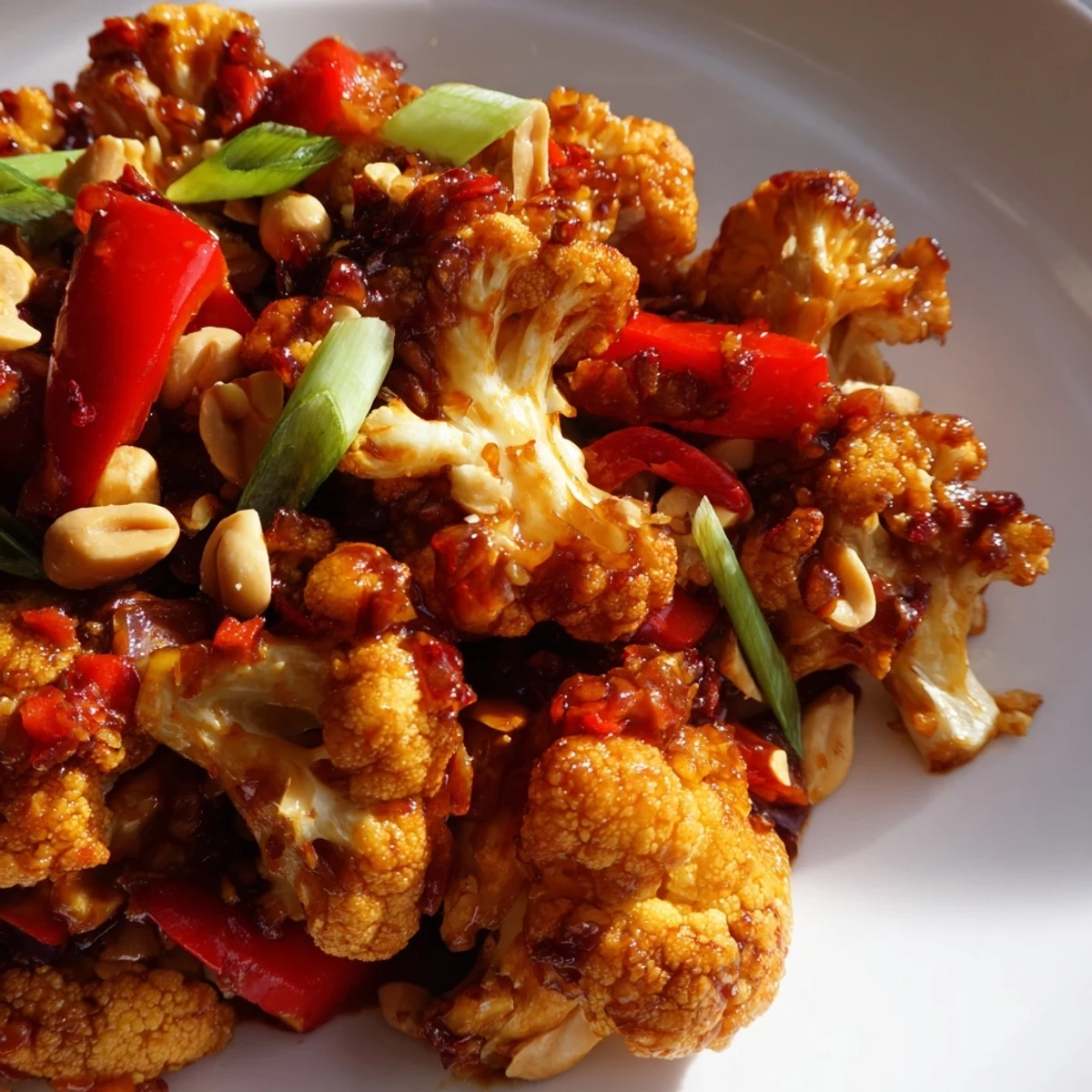 Golden roasted Kung Pao Cauliflower florets glazed in spicy sweet sauce with roasted peanuts and red bell pepper pieces