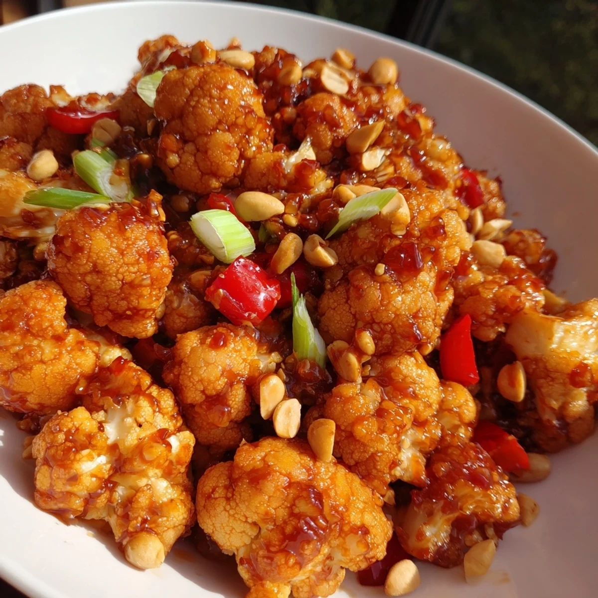 Vegan Kung Pao Cauliflower stir-fry featuring caramelized florets, colorful diced peppers, and scattered peanuts over steamed white rice
