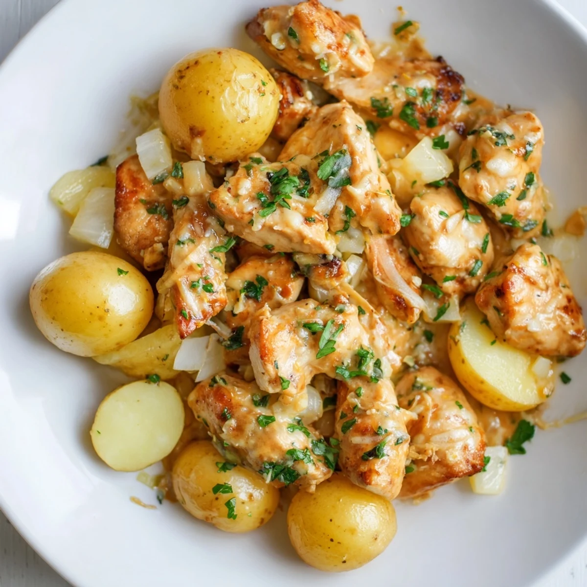 Slow cooker garlic parmesan chicken and potatoes with tender chicken breasts nestled alongside baby potatoes in a rich, creamy garlic sauce.