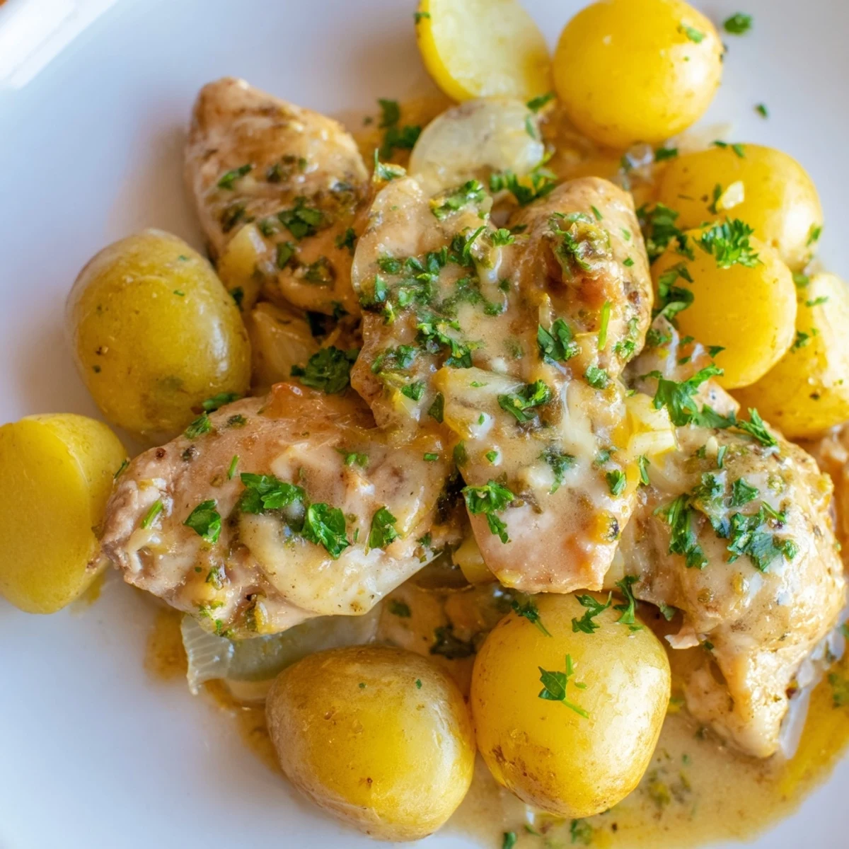 Golden chicken and halved baby potatoes slow-cooked to perfection in a savory parmesan garlic sauce, garnished with fresh chopped parsley.