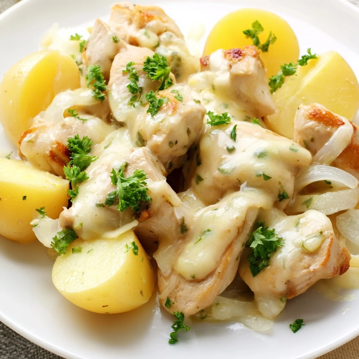 Creamy slow cooker garlic parmesan chicken and potatoes featuring melt-in-your-mouth chicken and vegetables in a thick, cheesy white sauce.