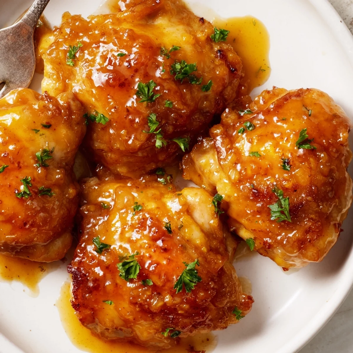 Golden brown chicken thighs coated in a rich, glossy sticky apple cider sauce with fresh parsley garnish