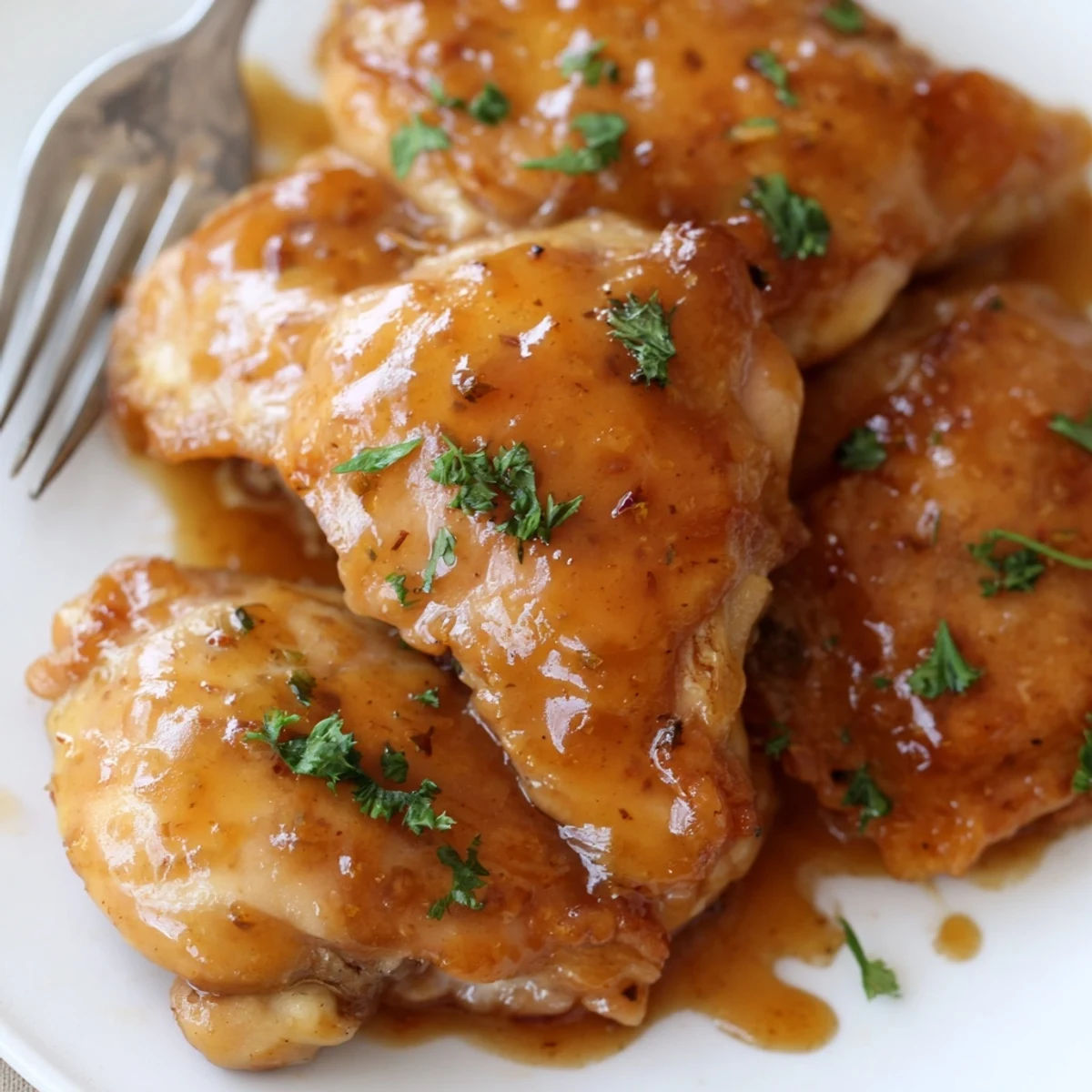 Savory chicken glazed with tangy apple cider mustard sauce served over a white plate with green parsley