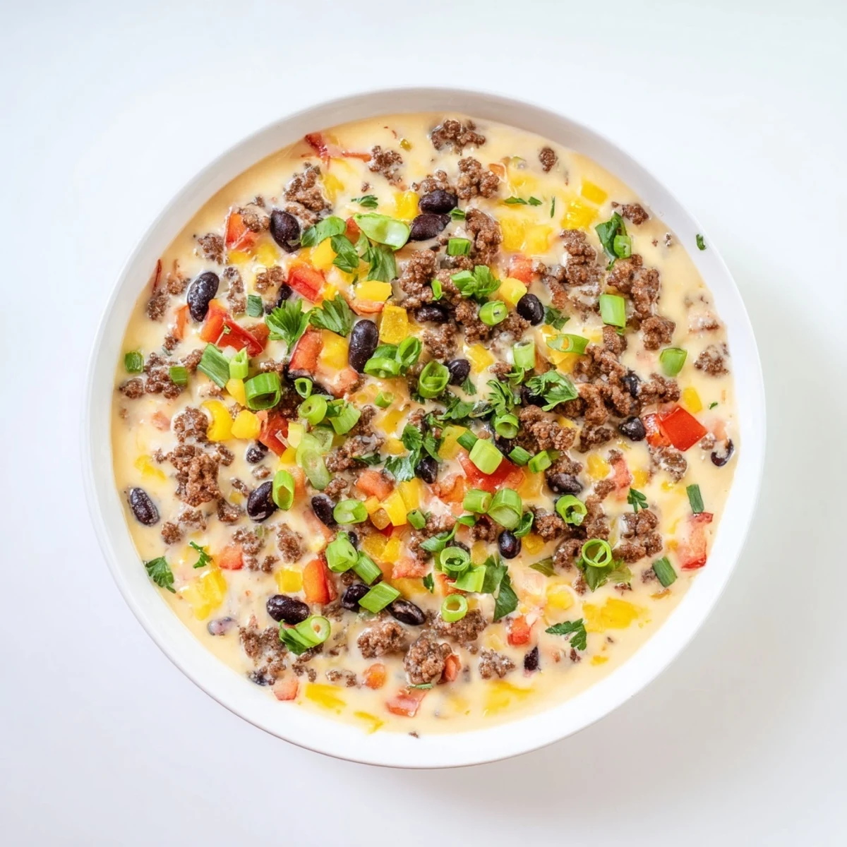 Golden Spicy Cowboy Queso Dip served in a warm bowl garnished with fresh cilantro and sliced green onions