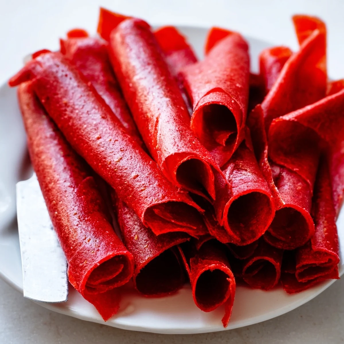 Colorful homemade fruit roll ups spread thinly on a parchment-lined baking sheet ready for drying