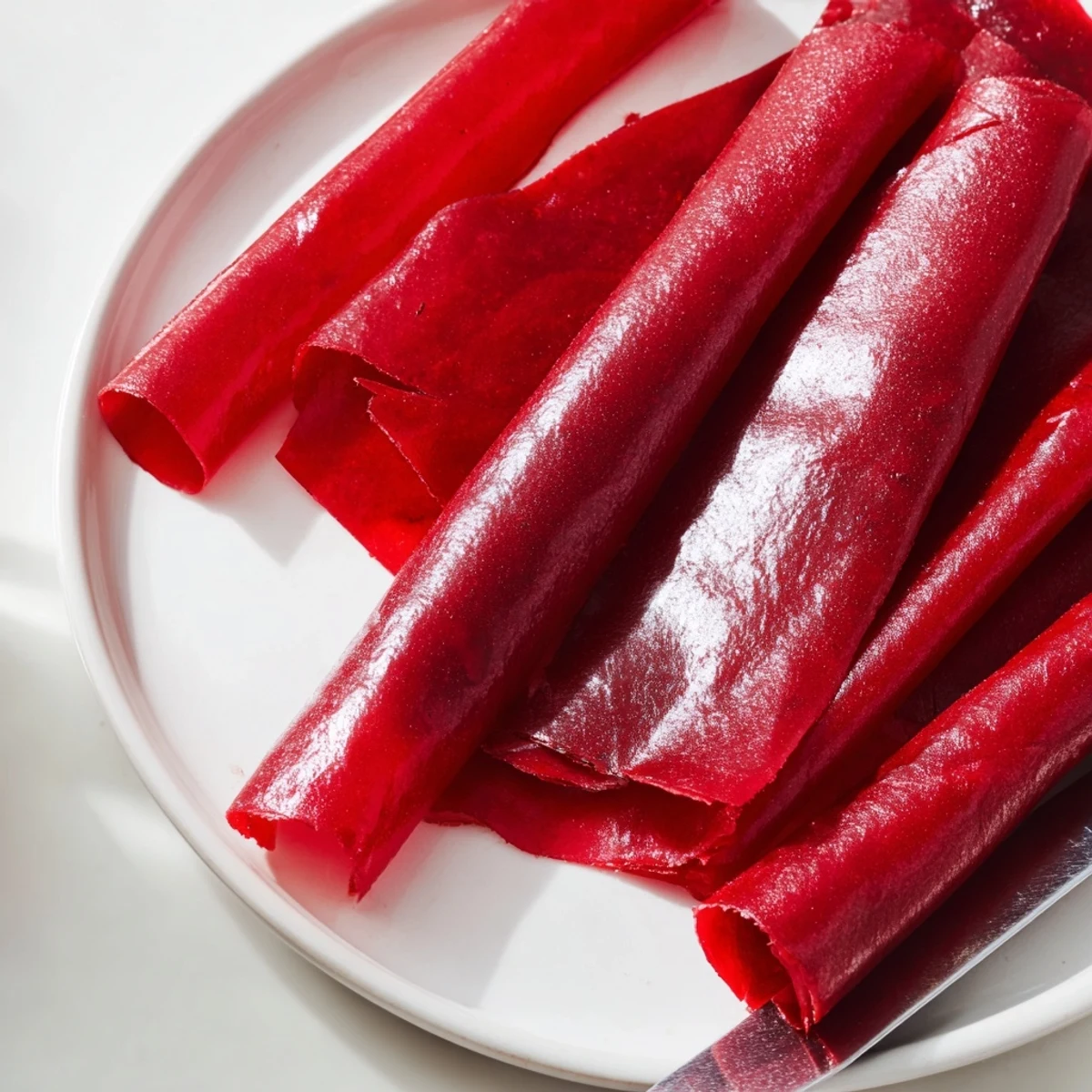 Chewy strips of homemade fruit roll ups rolled in parchment paper showing vibrant strawberry red