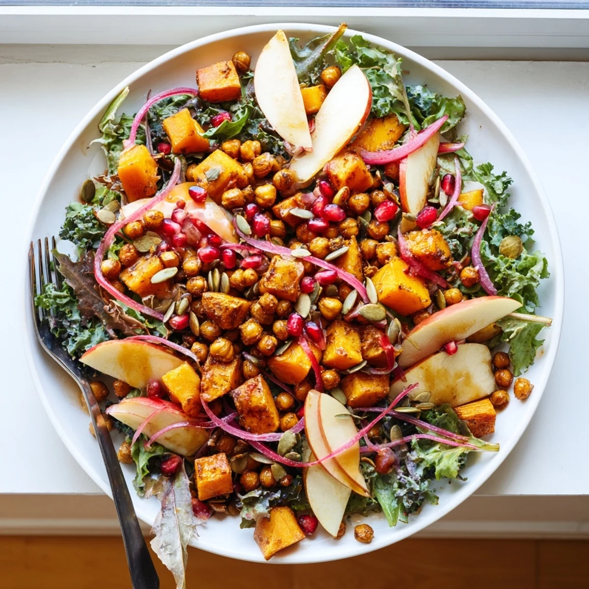 Hearty roasted chickpea fall salad featuring butternut squash apples pomegranate seeds and pumpkin seeds