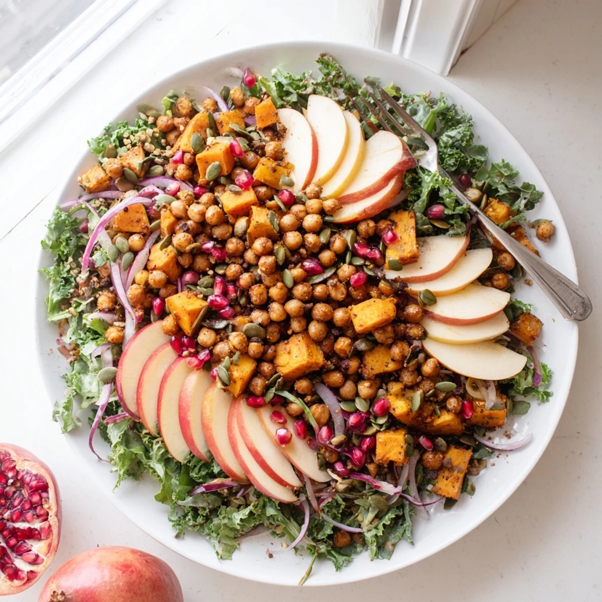 Vibrant autumn salad bowl with roasted chickpeas fresh greens and tangy maple-Dijon vinaigrette