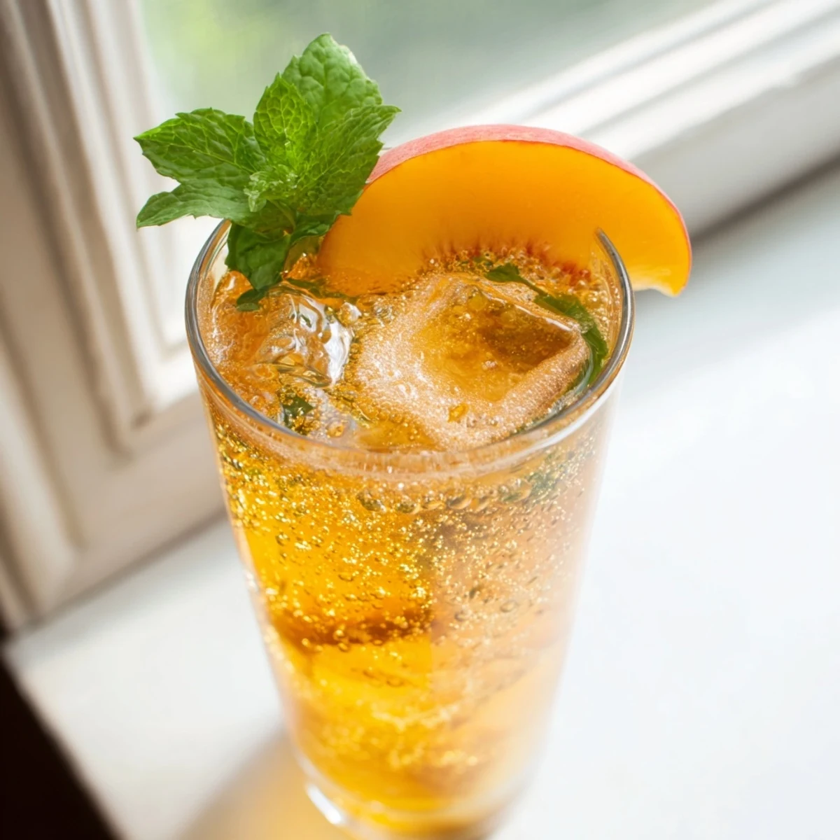 Ginger Peach Sparkler with fresh peach slices and mint garnish in ice-filled glass