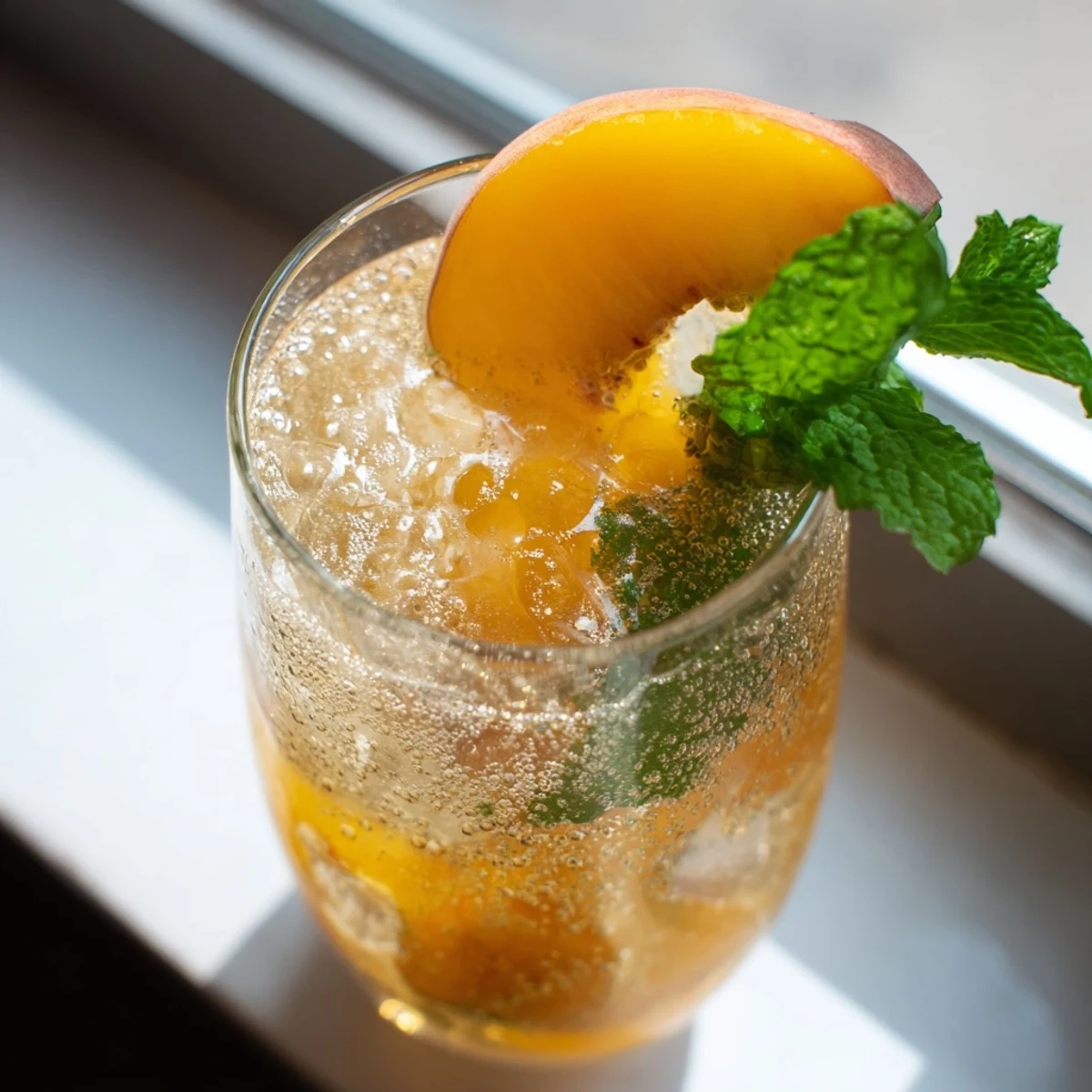 Refreshing homemade Ginger Peach Sparkler featuring bubbly sparkling water over pureed sweet peaches