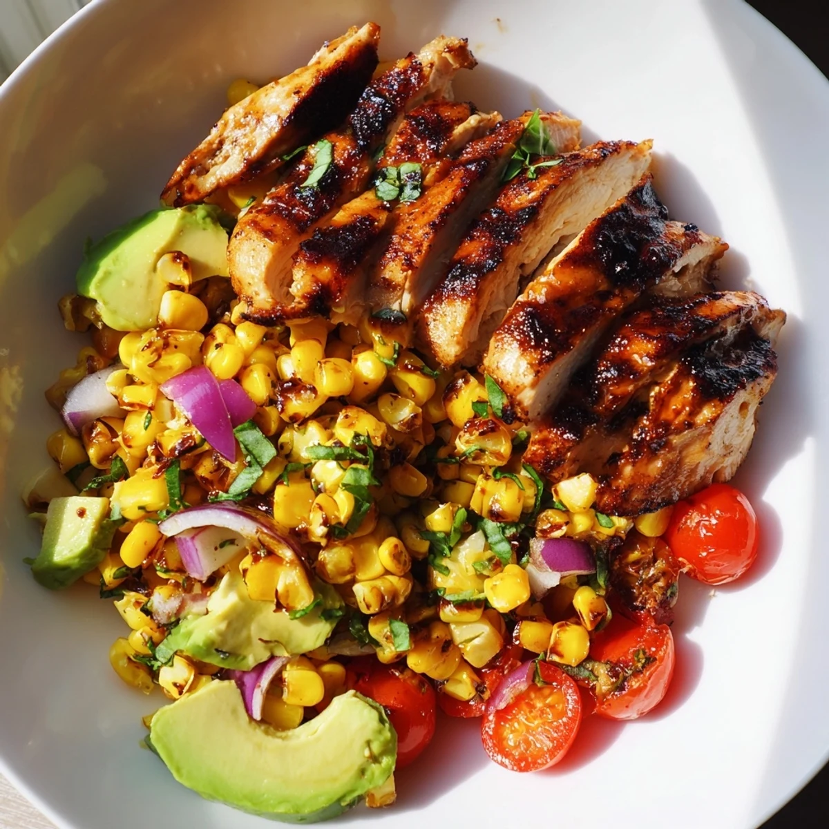 Juicy grilled hot honey chicken breast sliced and plated alongside colorful corn salad with ripe avocado chunks