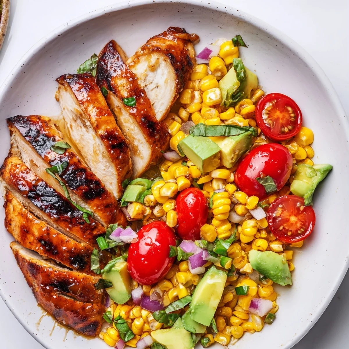 Golden grilled chicken glazed with spicy hot honey served over vibrant sweet corn salad with fresh herbs