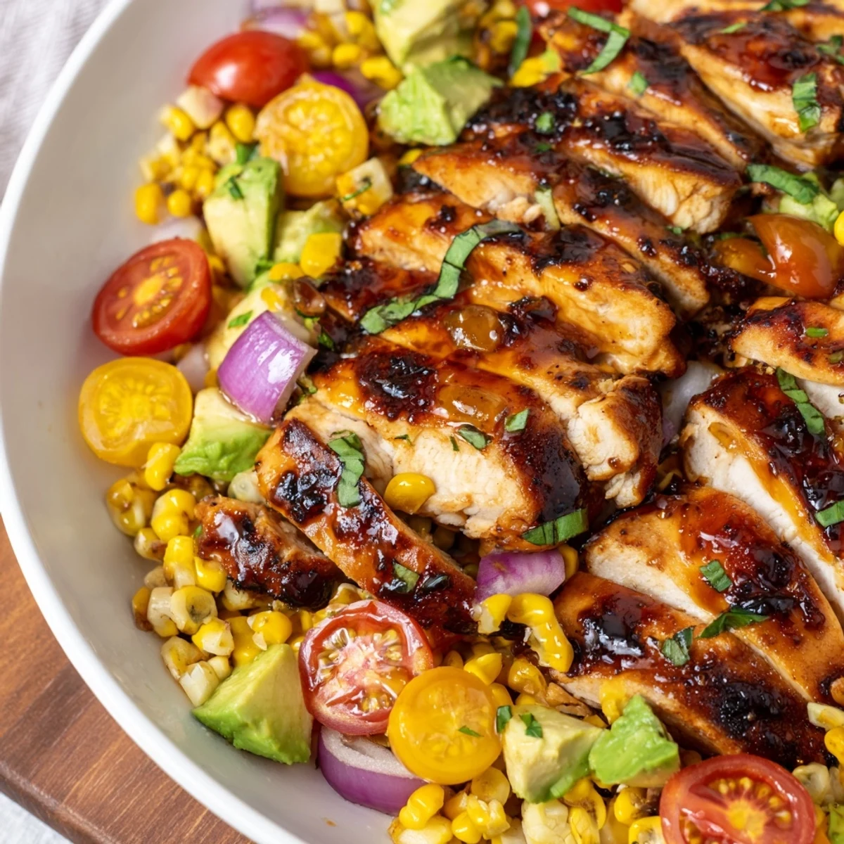 Charred chicken brushed with sweet spicy honey glaze resting on a bed of tangy lime corn salad