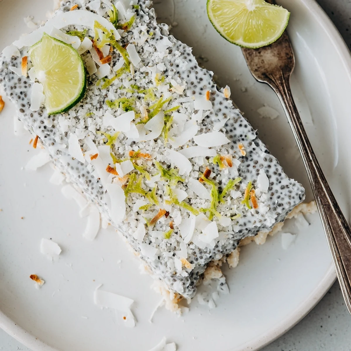 Creamy coconut lime chia pudding bars on a nutty coconut almond flour crust