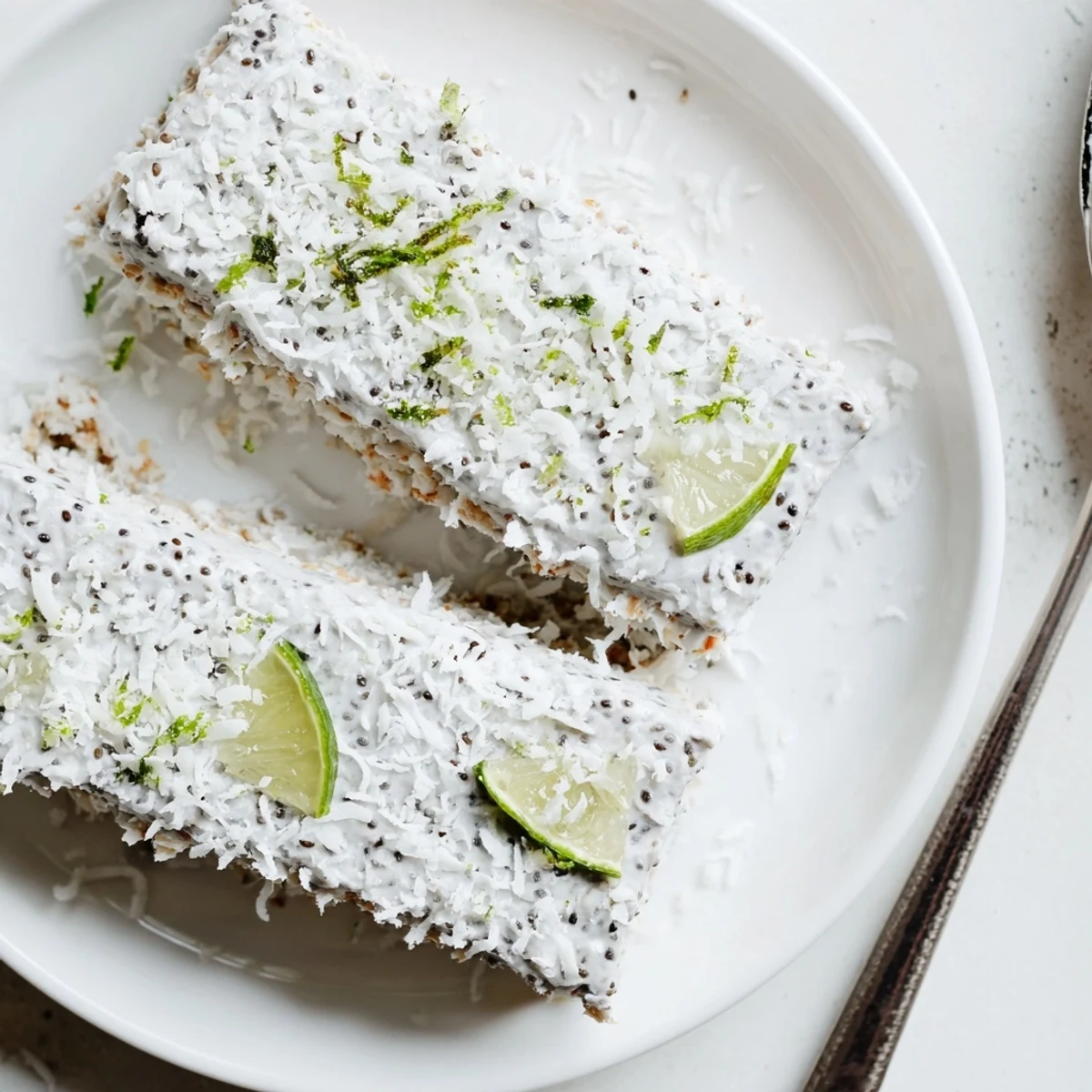 Refreshingly tangy no bake coconut lime chia pudding bars garnished with green lime zest