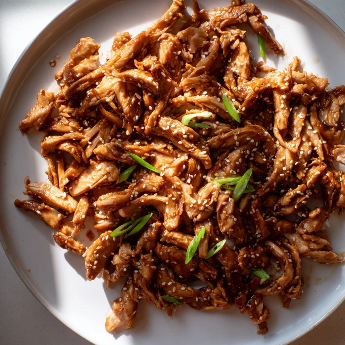 Tender slow cooker teriyaki chicken pieces coated in sticky homemade sauce and sliced green onions