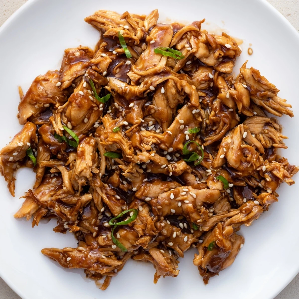 Golden Crockpot Teriyaki Chicken glazed in thick savory sauce with sesame seed garnish