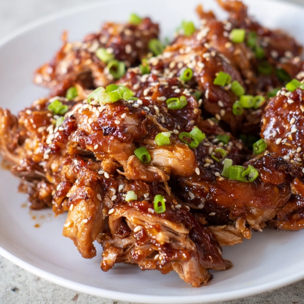 Shredded Crockpot Teriyaki Chicken served over rice with glossy sauce and fresh scallions