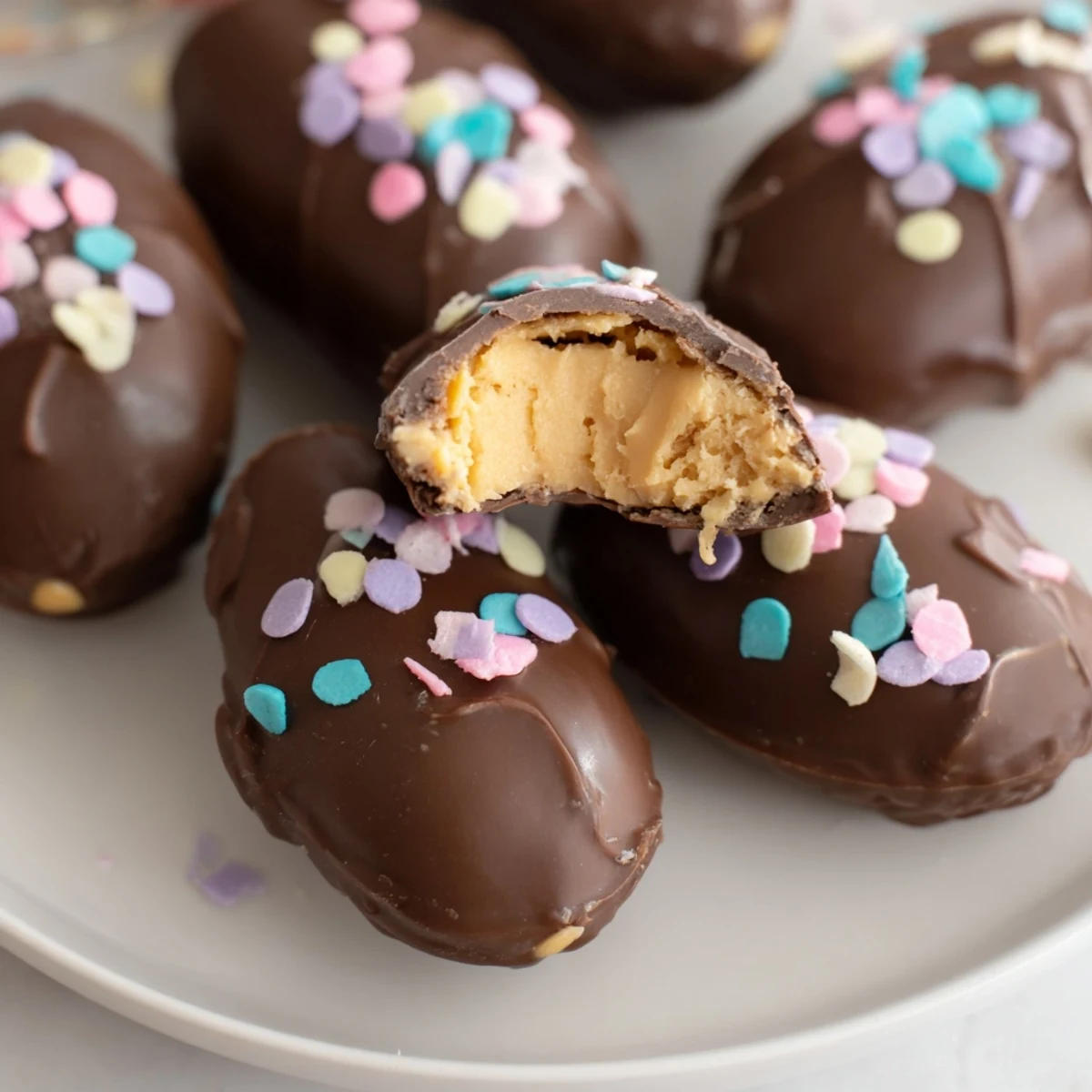 Handmade peanut butter Easter eggs coated in glossy dark chocolate with colorful sprinkle decorations