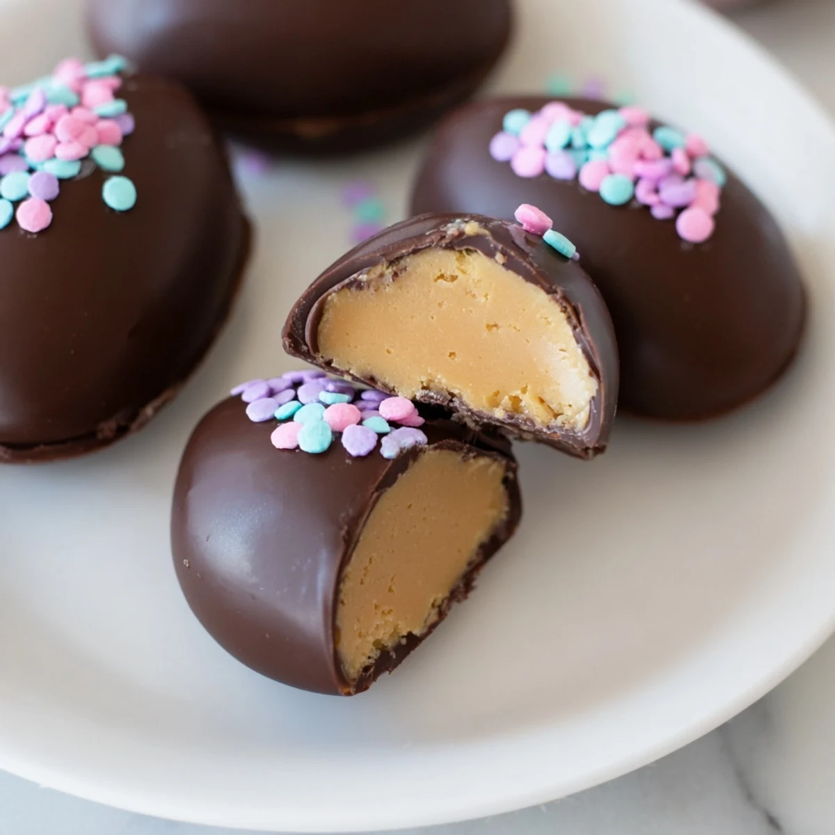 Creamy peanut butter Easter eggs nestled on parchment paper ready for holiday dessert plating
