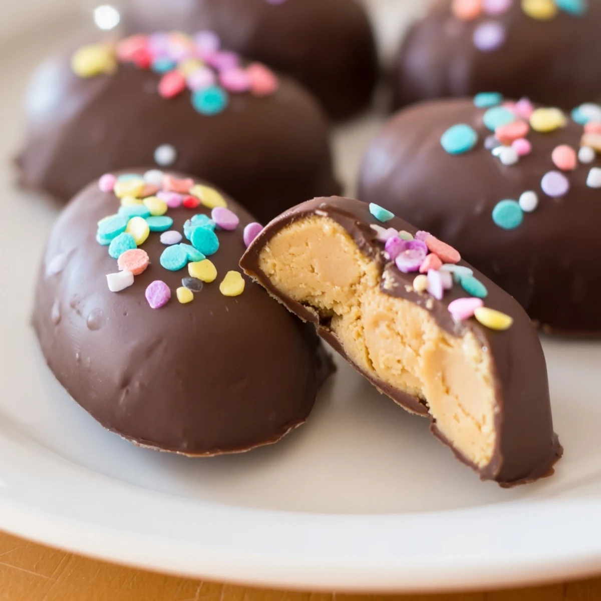 Chocolate dipped peanut butter Easter eggs with smooth centers and festive white chocolate drizzle