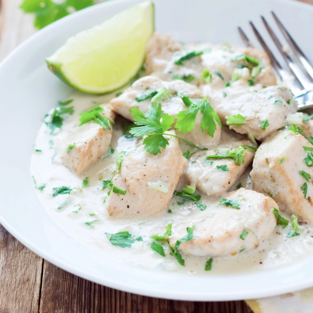 Juicy coconut lime chicken pieces simmered in aromatic garlic-ginger coconut milk sauce, finished with bright green cilantro leaves and citrus accents.