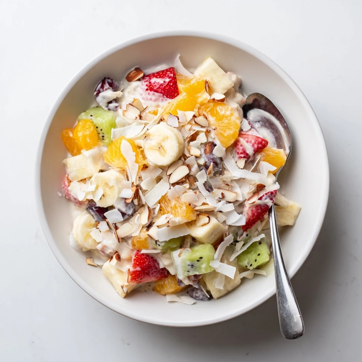 Colorful creamy fruit salad bowl filled with fresh strawberries grapes pineapple kiwi and mandarin oranges coated in silky yogurt dressing
