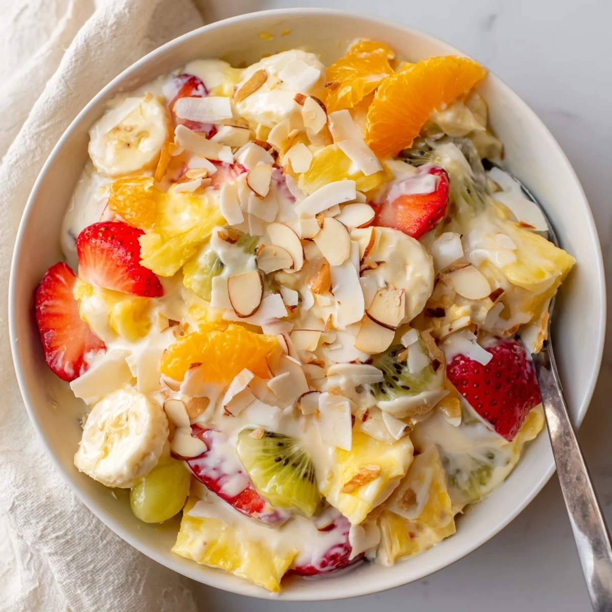 Refreshing creamy fruit salad featuring sliced fresh berries tropical pineapple and sweet banana chunks drizzled with honey vanilla cream sauce