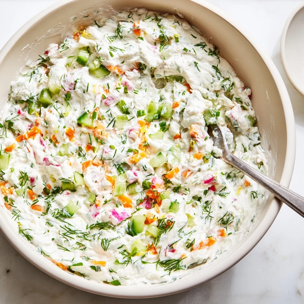 Creamy Easter dip with fresh herbs and colorful vegetables served in a white bowl