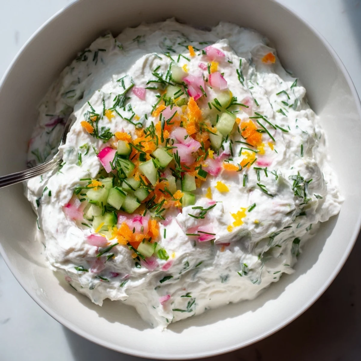 Festive white creamy Easter dip topped with chives, dill, and diced colorful vegetables