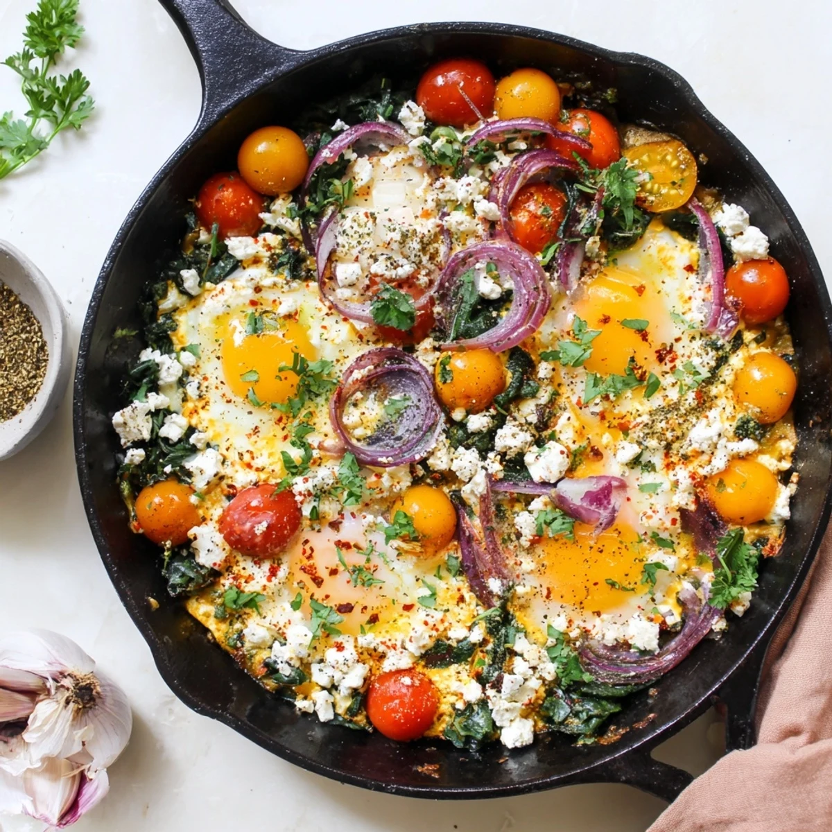 Golden baked feta eggs with wilted spinach and roasted cherry tomatoes in a skillet