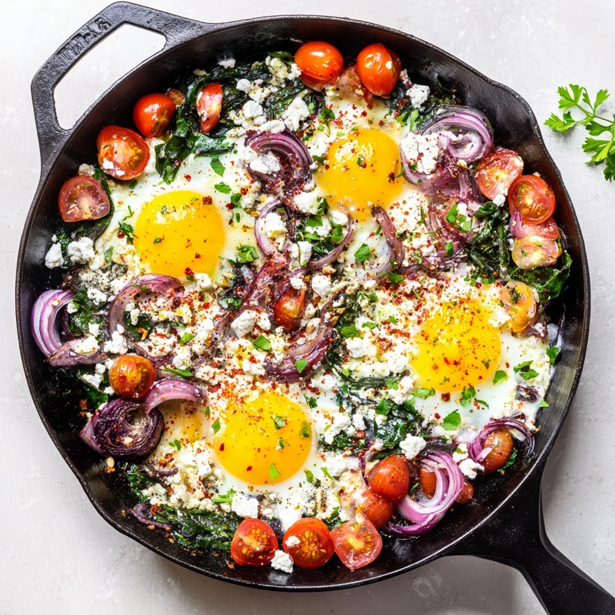Creamy Mediterranean baked feta eggs featuring tender spinach and juicy tomatoes just out of the oven