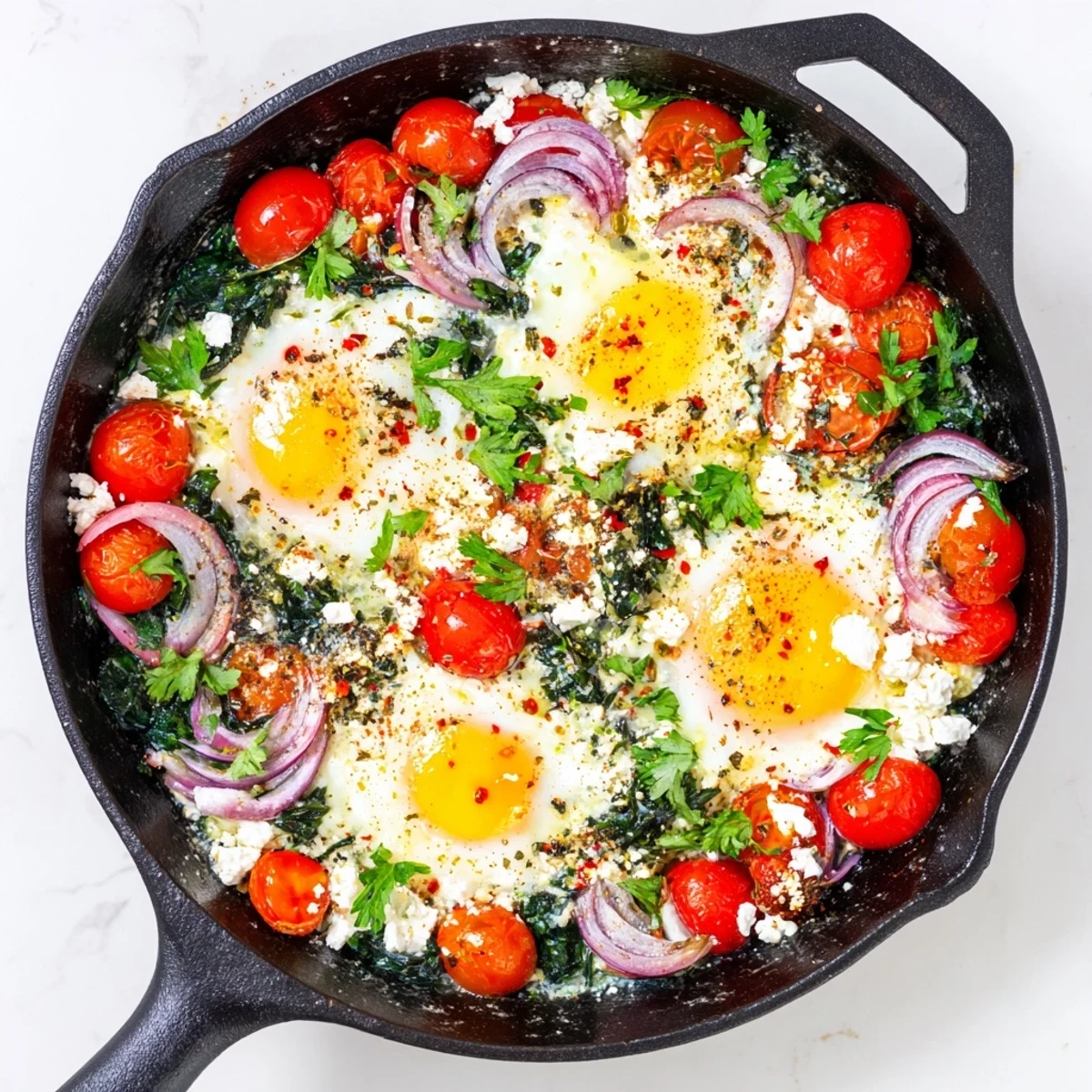 Skillet of baked feta eggs with vibrant spinach and tomatoes garnished with fresh herbs
