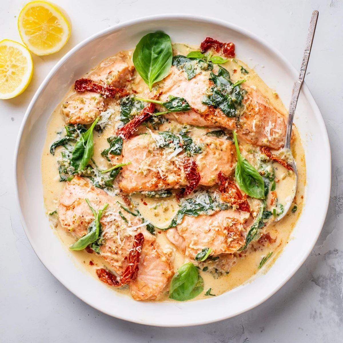 Pan-seared salmon fillets resting in rich creamy garlic sauce with sun-dried tomatoes and wilted spinach